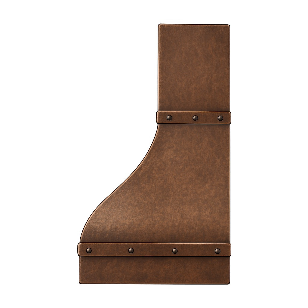 Bell shape hammered copper range hood with riveted straps side view, curved canopy with dark bands and tapered profile silhouette