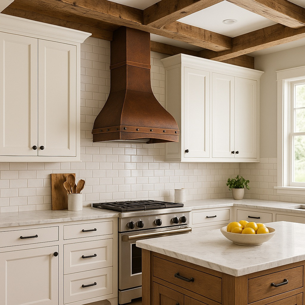 Bell country copper range hood with straps in a farmhouse kitchen