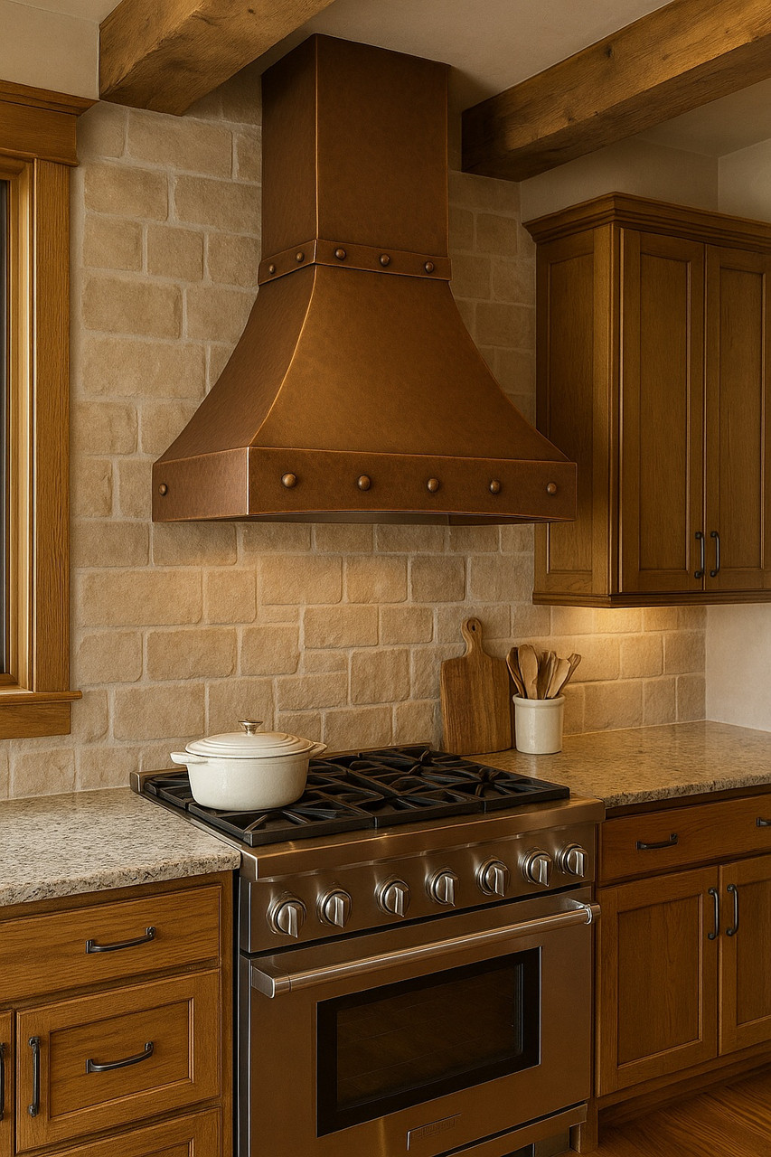 Country wall copper range hood in transitional rustic kitchen with warm patina and balanced design
