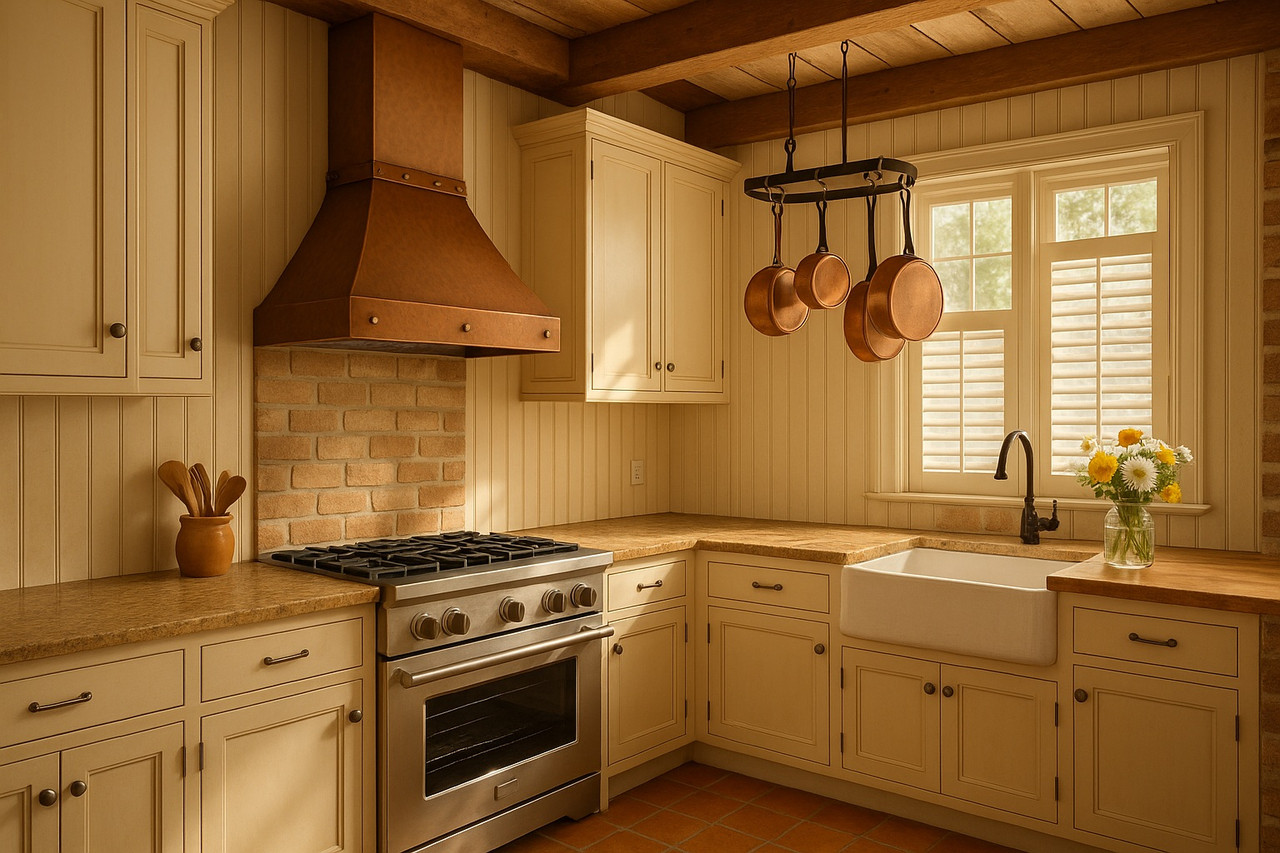 Country copper range hood in large Southeastern kitchen with warm copper finish and refined rustic character