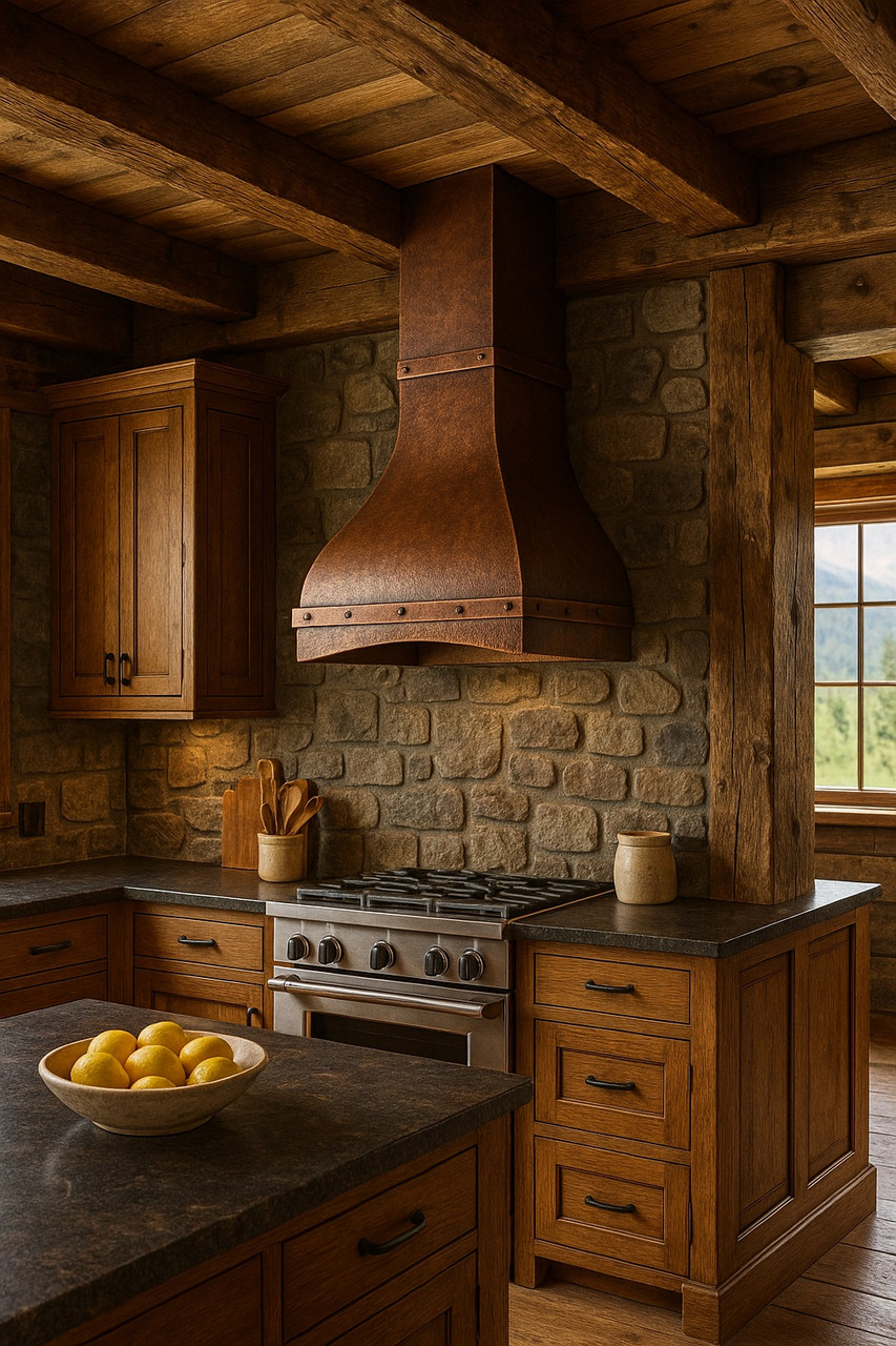 Country copper range hood in rustic mountain kitchen with hammered finish and riveted strap detail