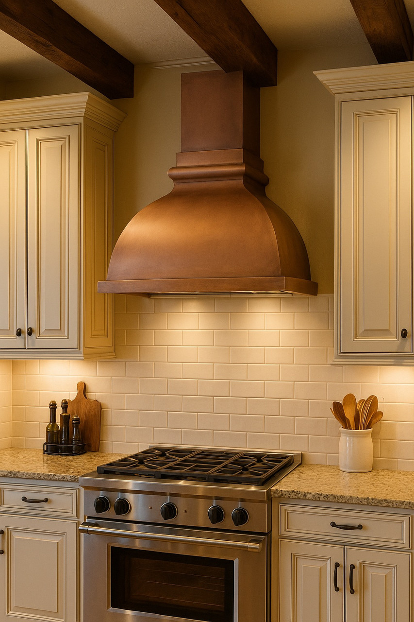 Traditional kitchen with Camden copper range hood and crown molding