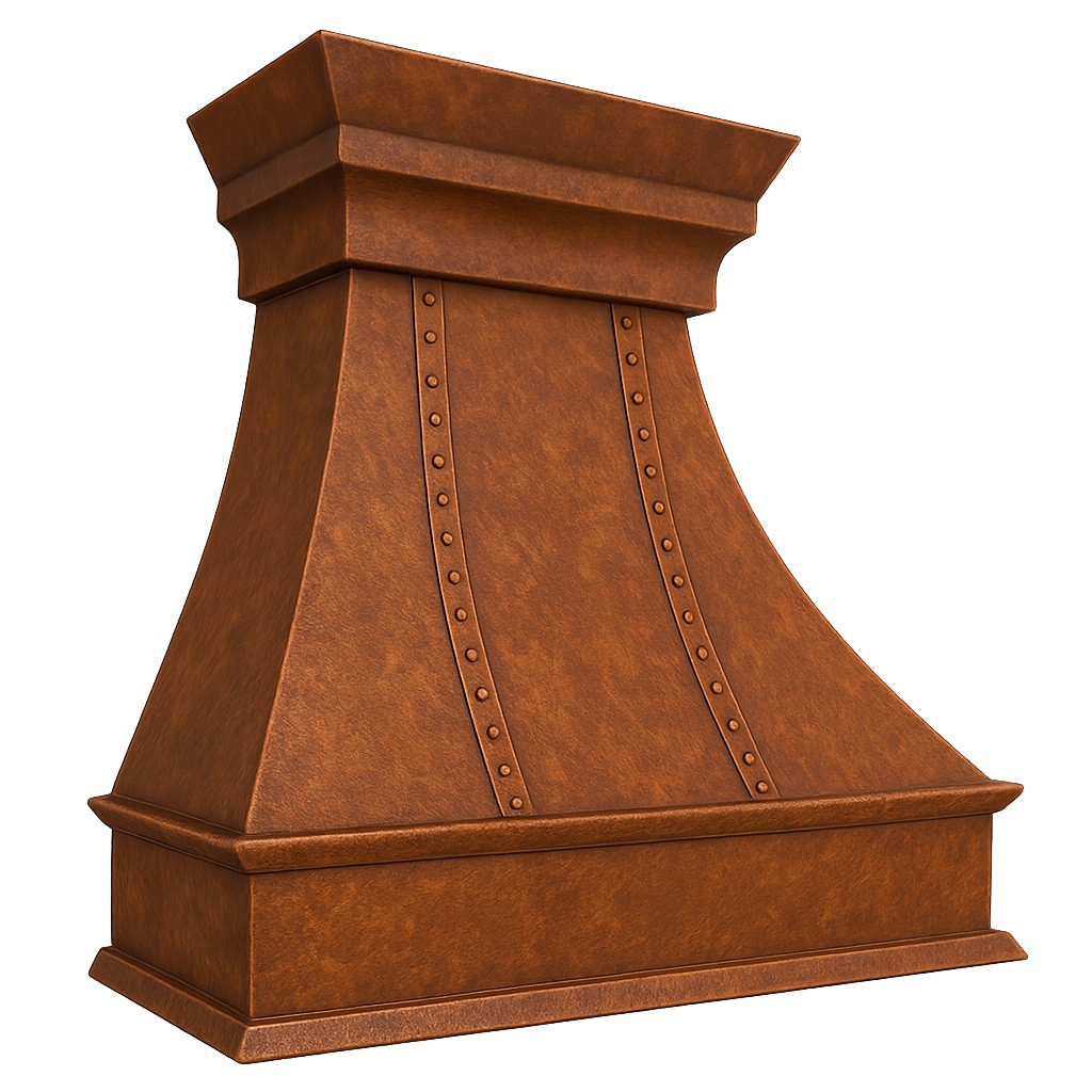 Detail view of a copper range hood showing decorative apron and large crown molding craftsmanship