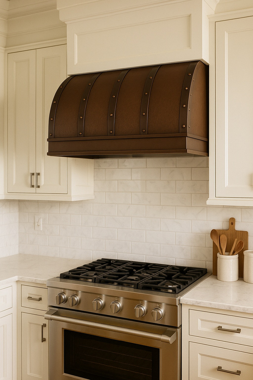 66 inch barrel copper range hood in a transitional kitchen