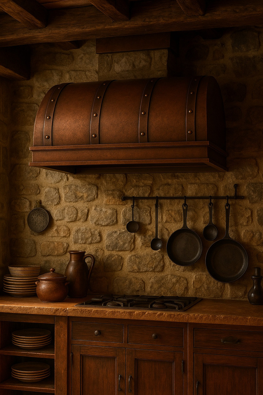 78 inch barrel copper range hood in a rustic kitchen