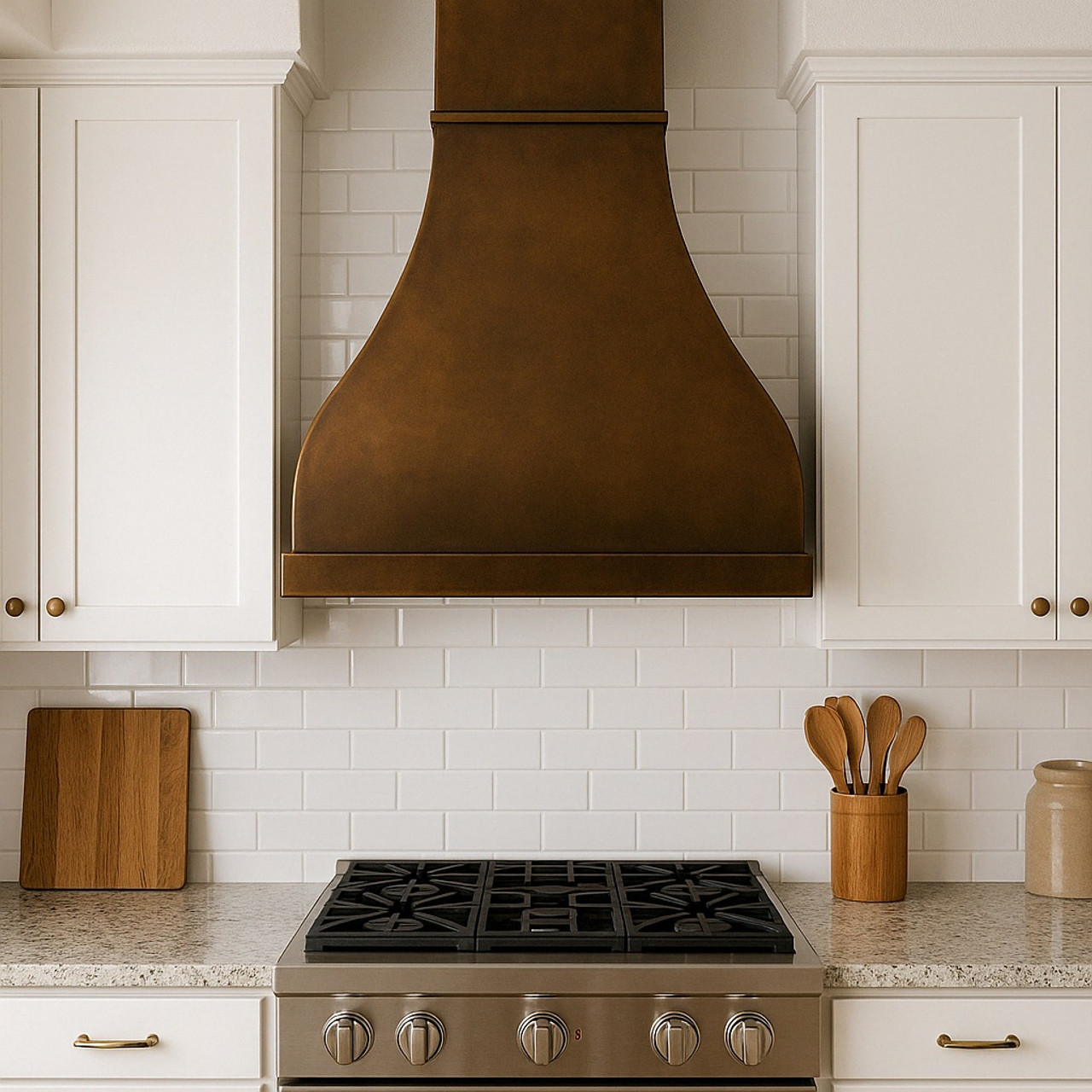 Rustic bell copper range hood installed in a traditional kitchen
