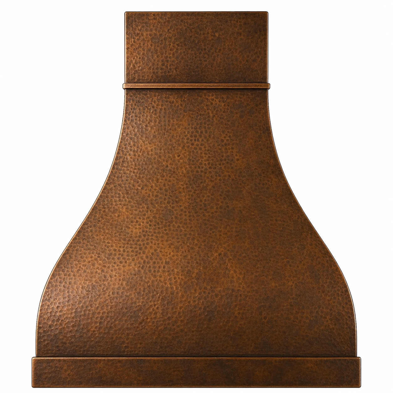 Hand-hammered dome copper range hood with single band, rounded canopy, and warm patina