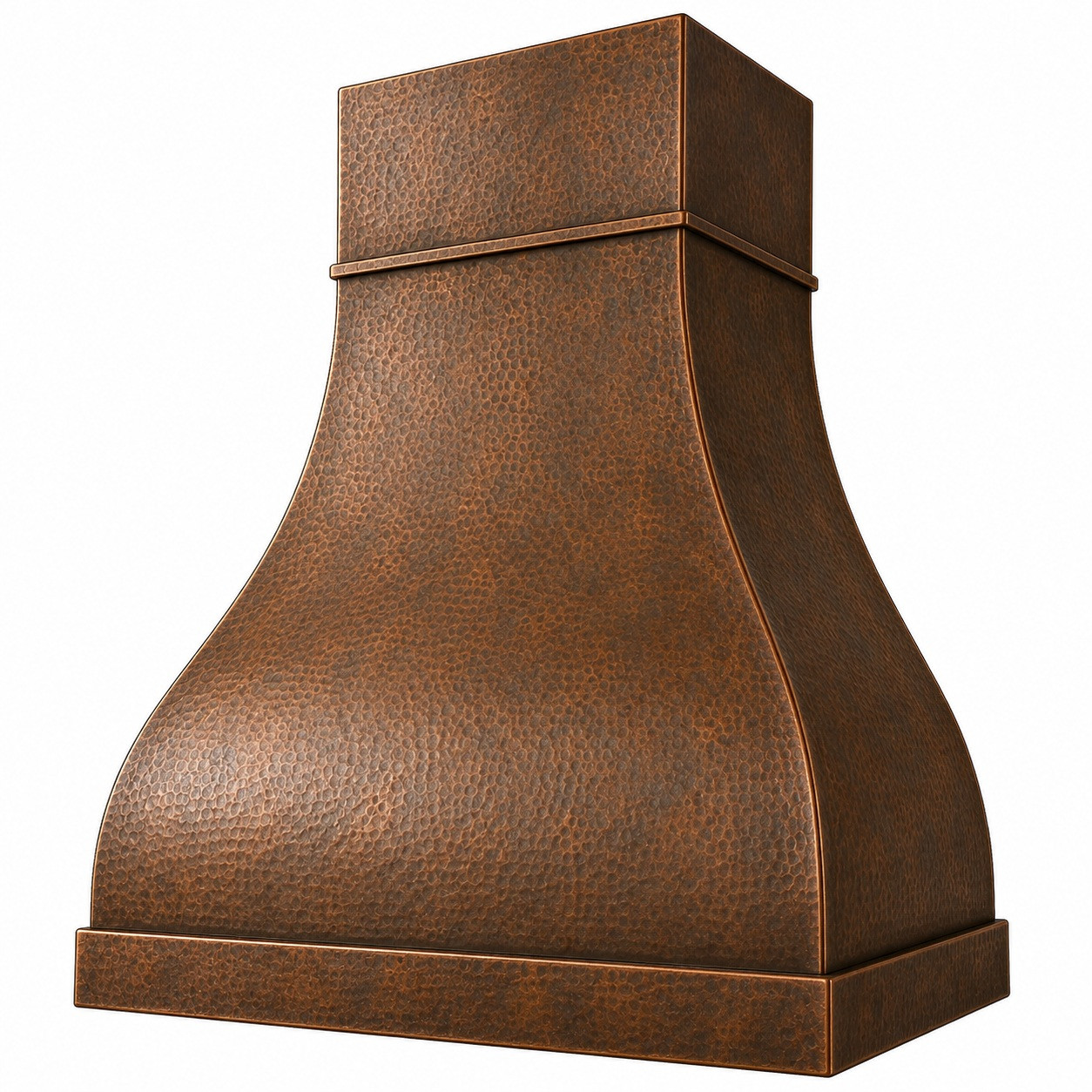 Angled view of hand-hammered copper range hood with antique patina, rounded dome canopy and square chimney