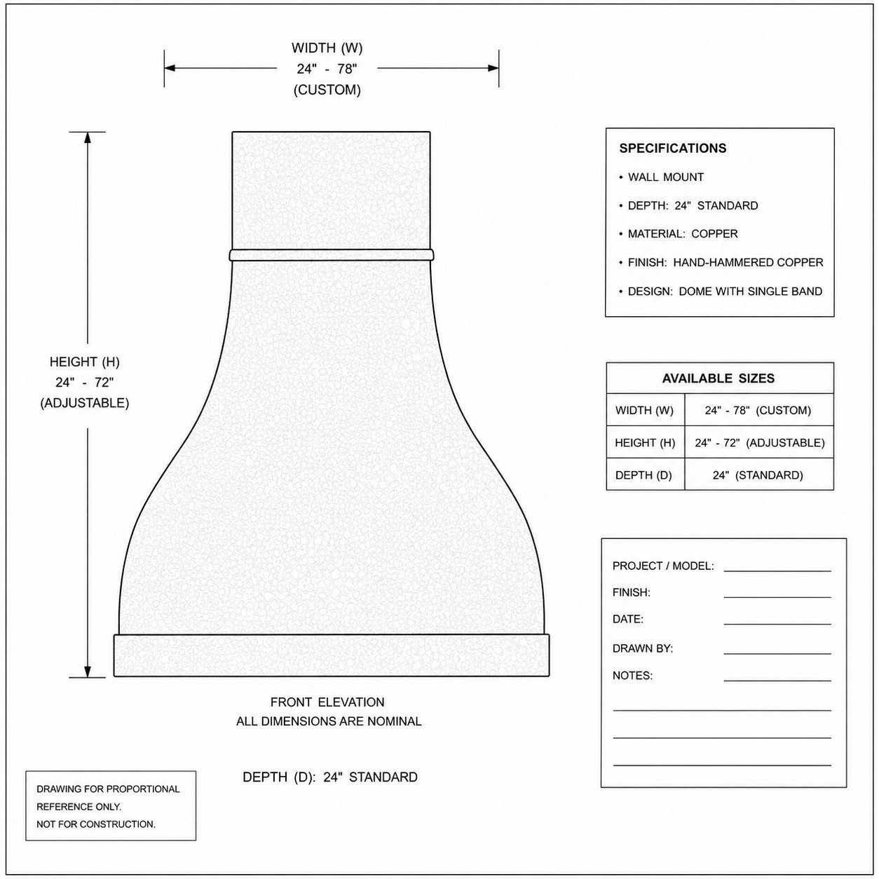 Proportional drawing of hand-hammered dome copper range hood with single band and chimney