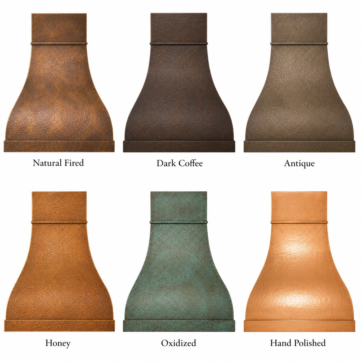Hammered copper range hood shown in natural fired, dark coffee, antique, honey, oxidized and hand-polished finishes