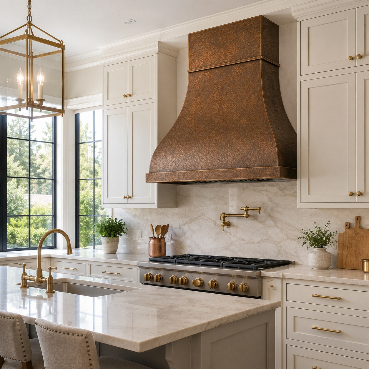 Transitional kitchen with hand-hammered dome copper range hood and single band