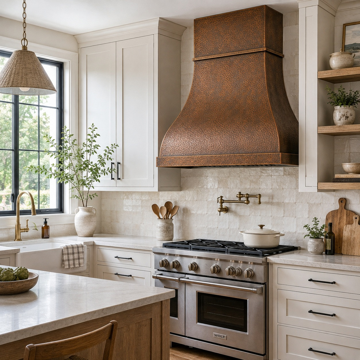 Modern farmhouse kitchen with hand-hammered dome copper hood and warm patina