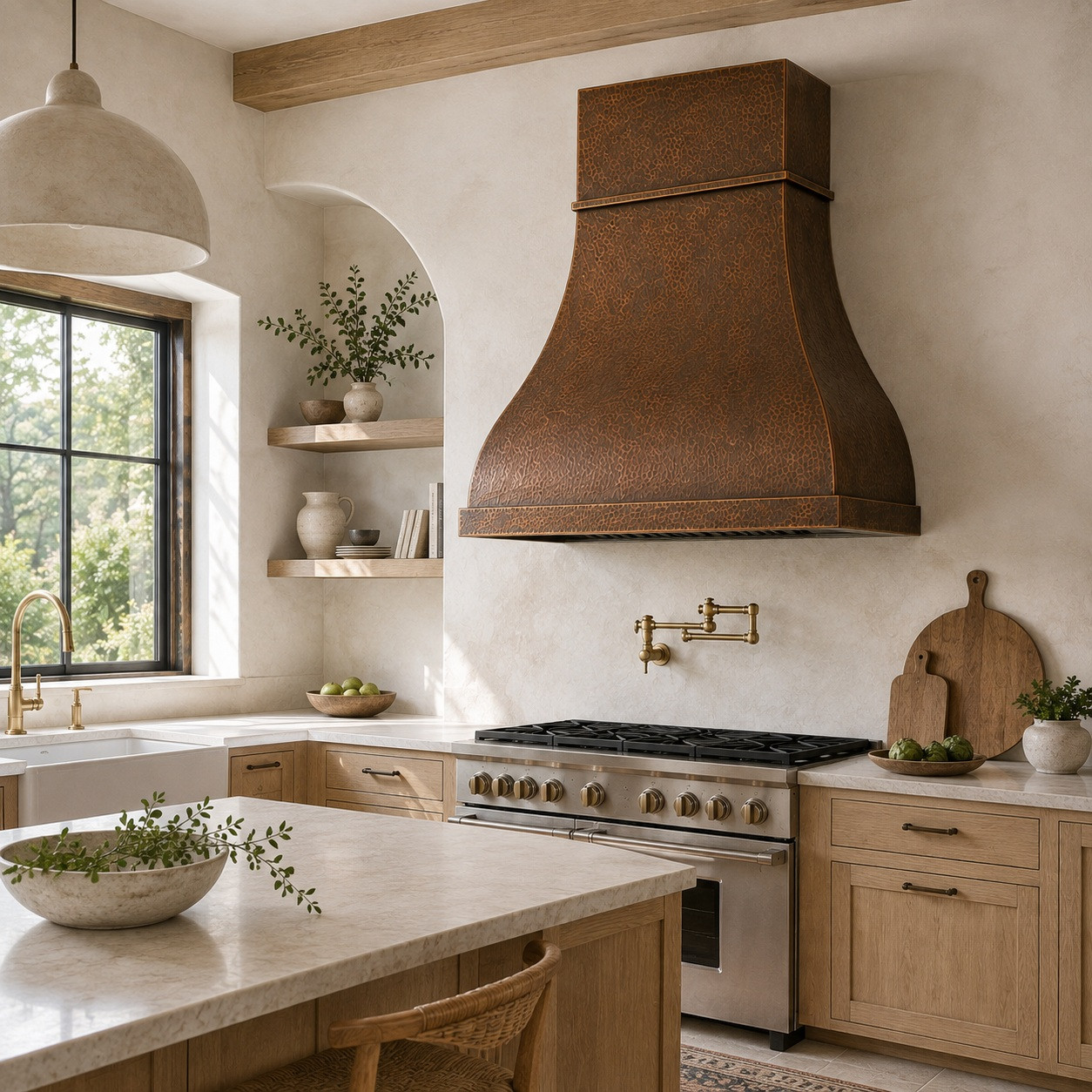 Organic modern kitchen with hand-hammered dome copper range hood and single band