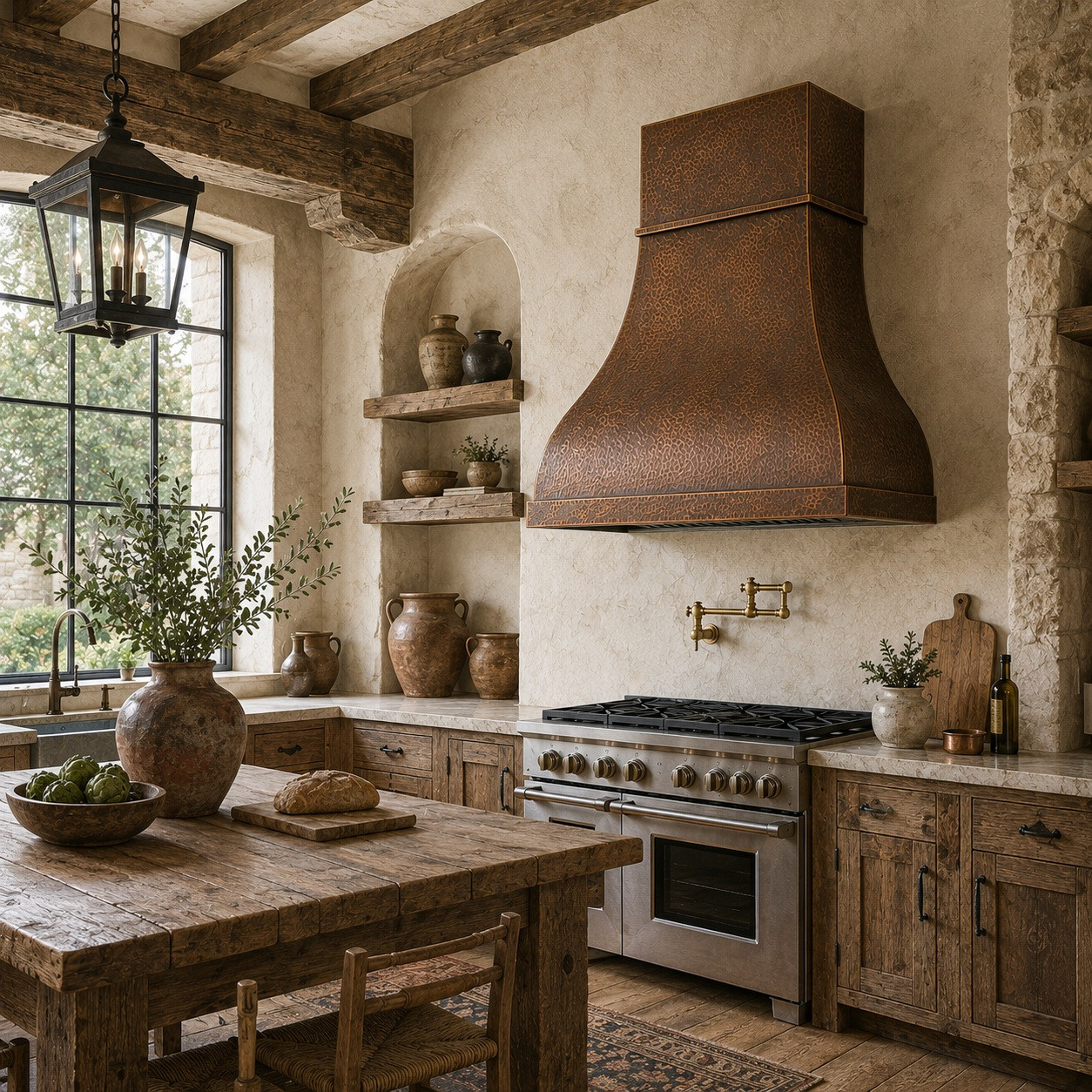 Rustic European kitchen with hand-hammered dome copper range hood and single band