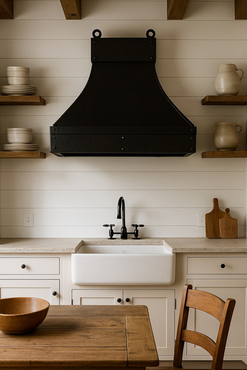 Farmhouse kitchen with Charlotte copper hood and wood accents