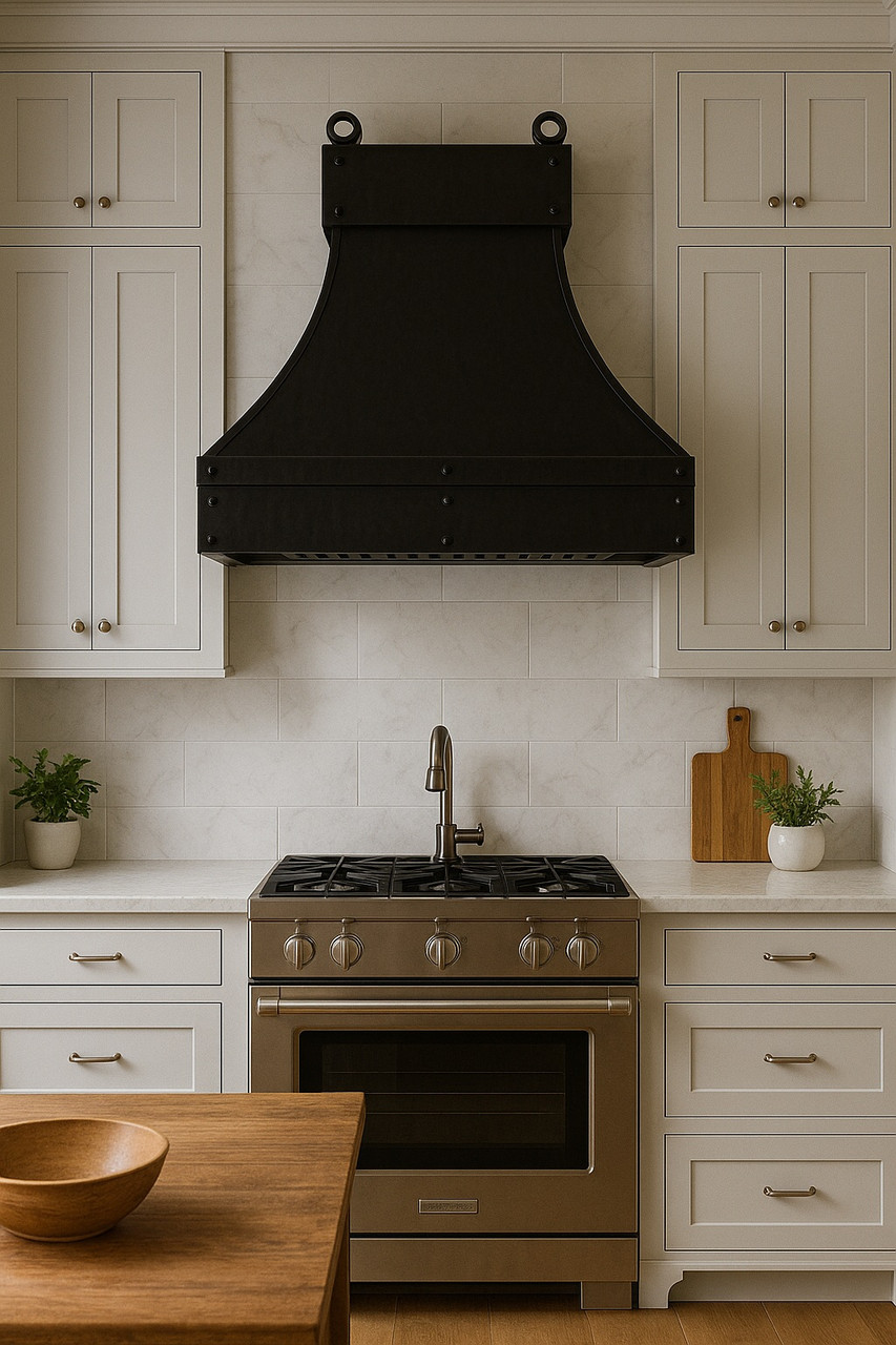 Transitional kitchen featuring the Victorian Charlotte copper hood