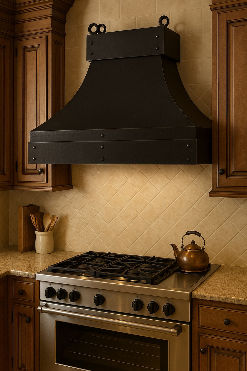 Traditional kitchen with raised-panel cabinets and Charlotte copper hood