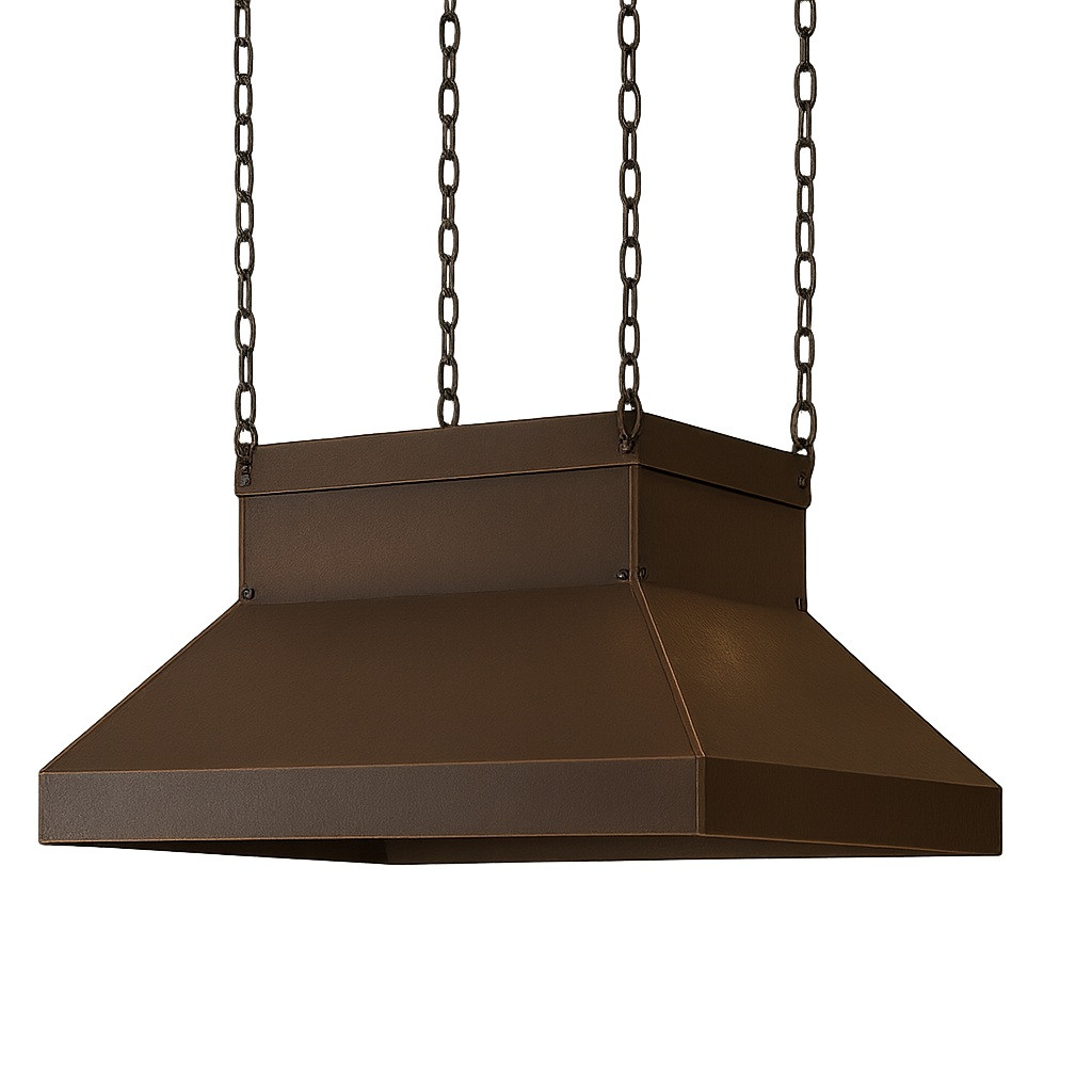 Chain suspended copper island range hood in Victorian style front view with dark patina hammered copper canopy on a white background