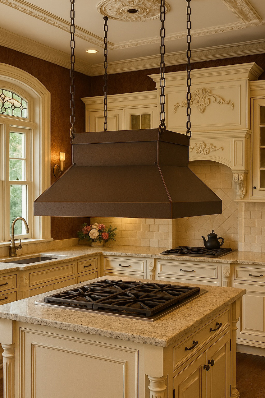 Chain suspended hammered copper island range hood in Victorian style in nineteenth century English kitchen, warm patina canopy above island cooktop with period inspired furnishings