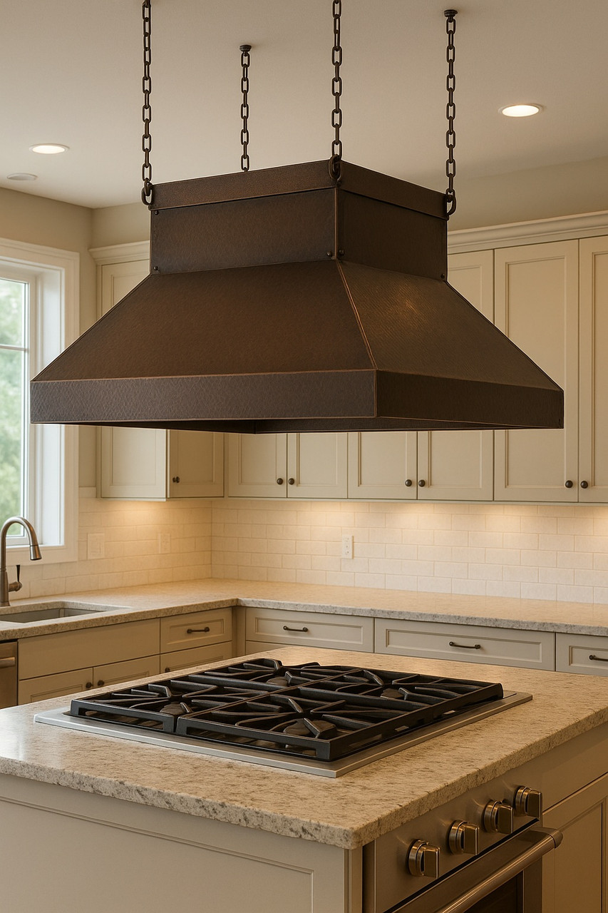 Chain suspended hammered copper island range hood in Victorian style above kitchen island with gas stove, tapered canopy with decorative chains and warm patina finish