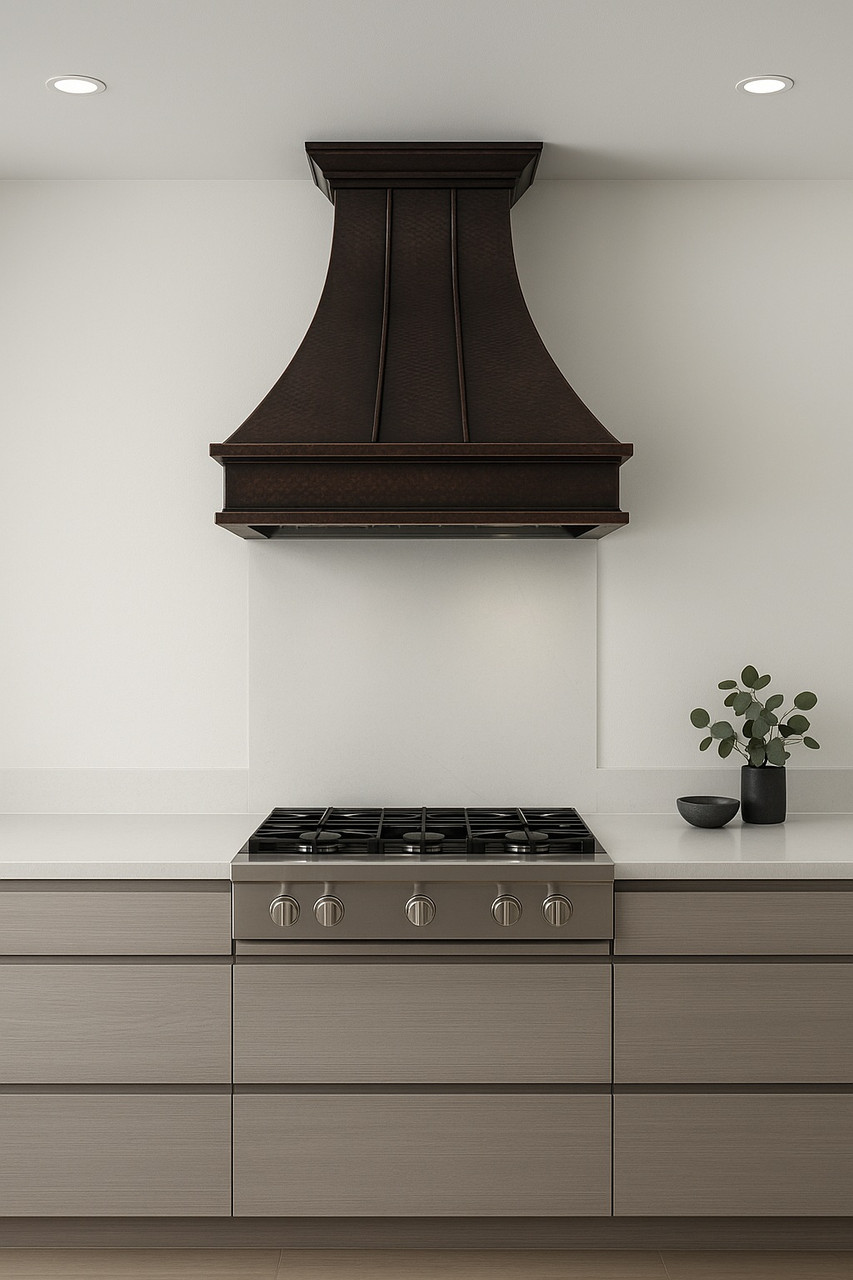Copper range hood in modern kitchen, handcrafted metal canopy creating warm contrast with sleek cabinetry and clean surfaces