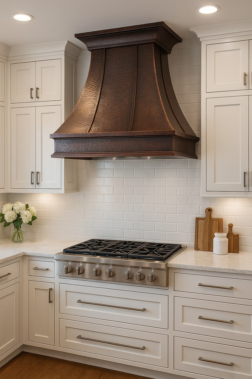 Copper range hood in transitional kitchen, handcrafted metal canopy above balanced cabinetry and refined stone surfaces
