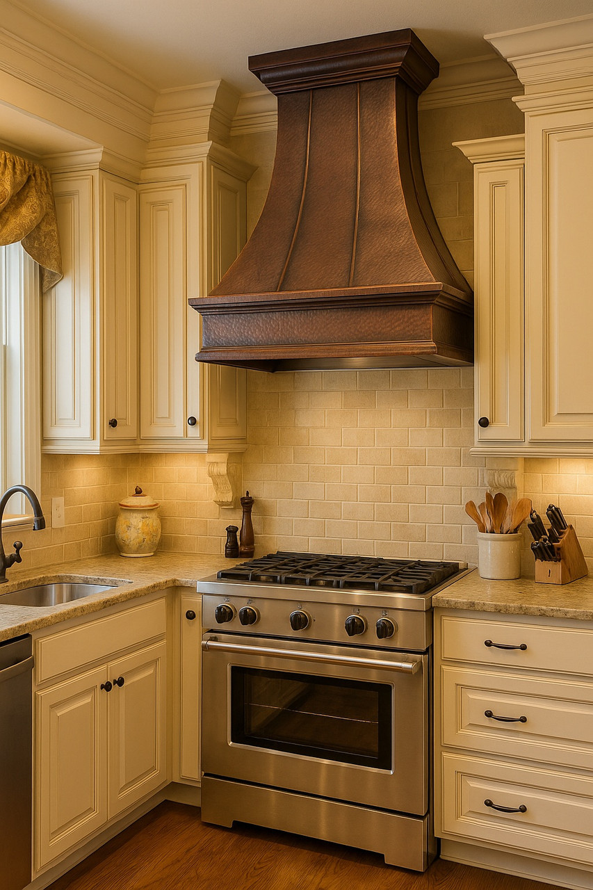 Copper range hood in traditional kitchen, handcrafted metal canopy above classic cabinetry, stone backsplash and timeless architectural details
