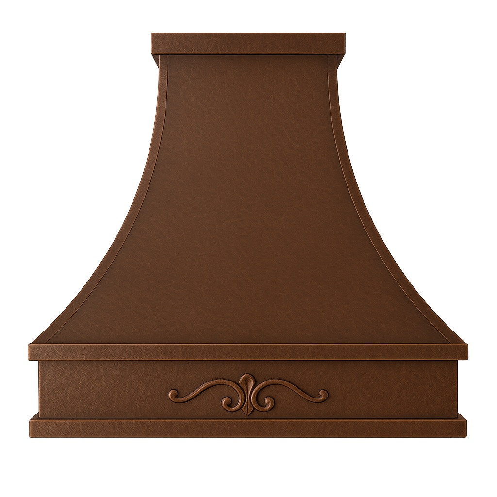 Old European copper range hood with decorative scroll motif, lightly hammered copper canopy with warm reddish brown patina and forged scroll centerpiece on white background