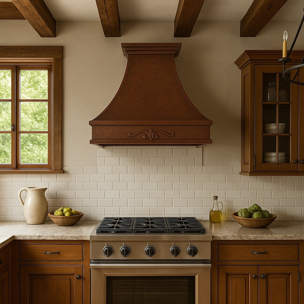 42 inch wall mount Old European copper range hood with decorative scroll motif in upscale farmhouse kitchen, hammered copper canopy with warm patina above custom cabinetry and stone backsplash