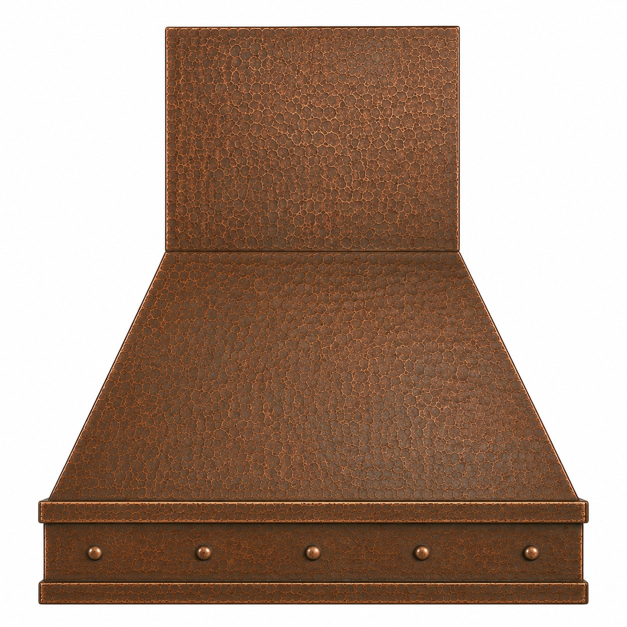 Tapered hammered copper range hood with riveted apron, sloped canopy, and warm patina