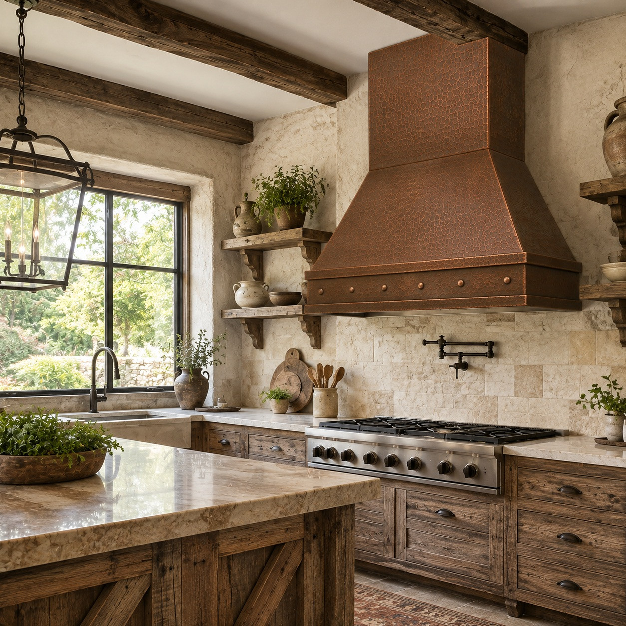 Rustic kitchen with tapered hammered copper range hood, riveted apron, and warm patina