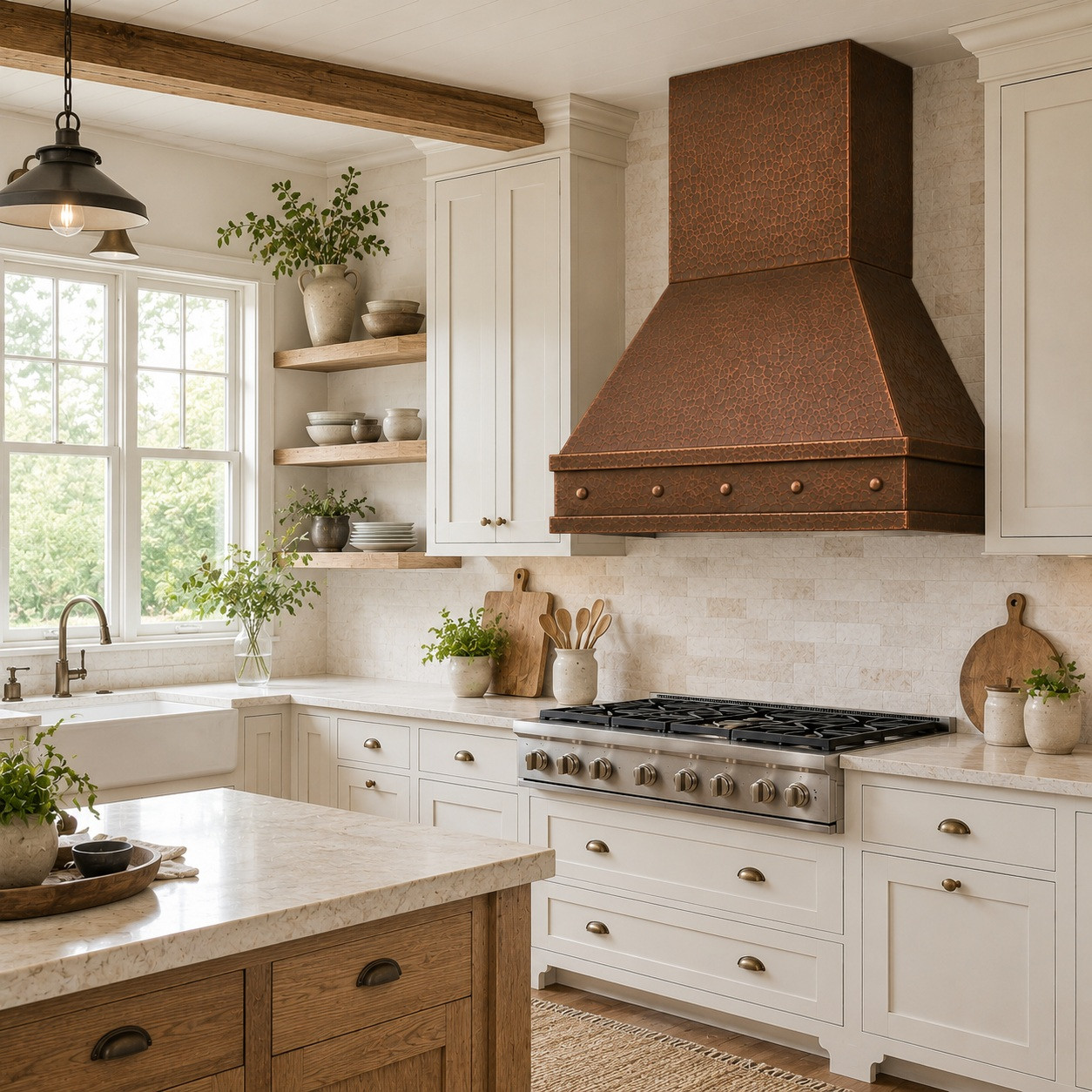 Farmhouse kitchen with tapered hammered copper range hood and riveted lower apron