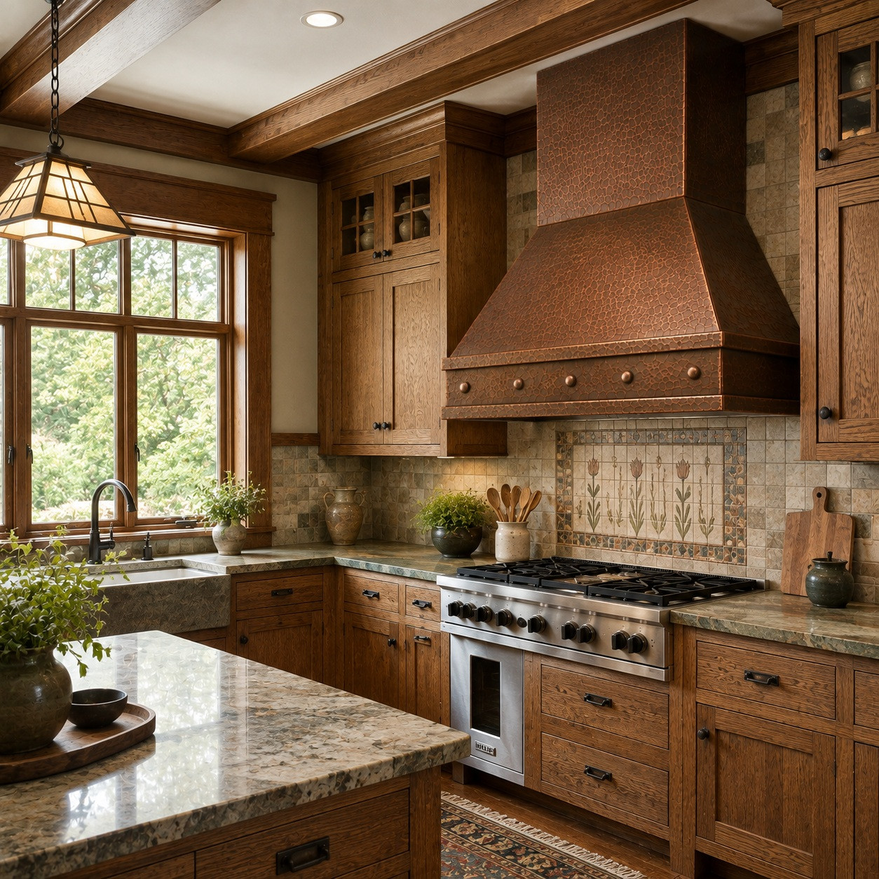 Craftsman kitchen with tapered hammered copper range hood and riveted apron detail