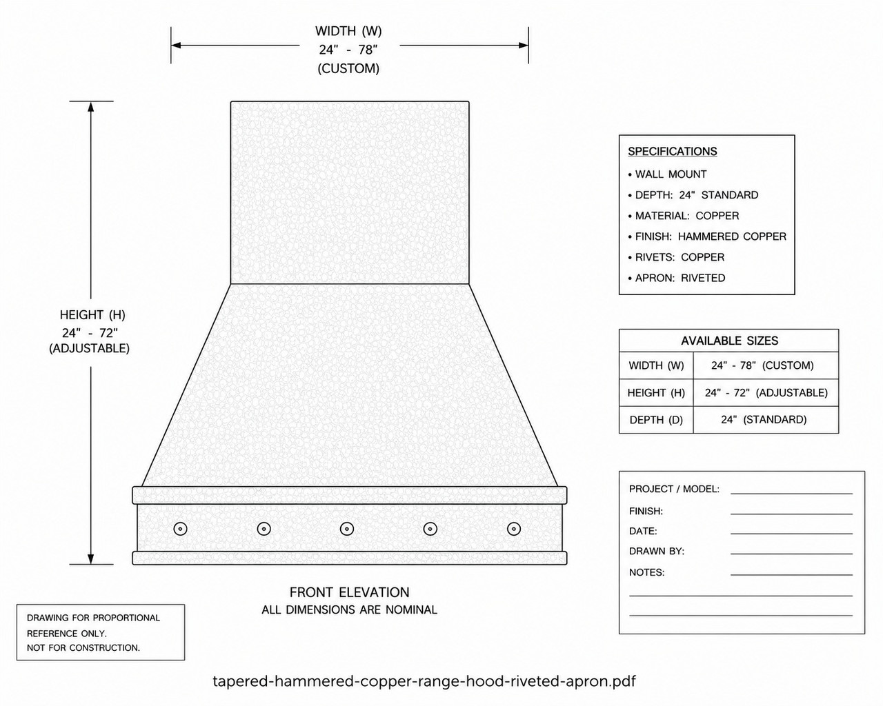 Proportional drawing of tapered hammered copper range hood with riveted apron and chimney