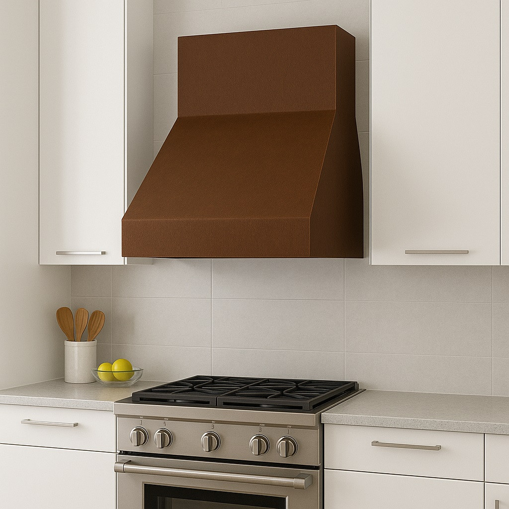 Modern kitchen with under-cabinet copper hood and high gloss cabinetry