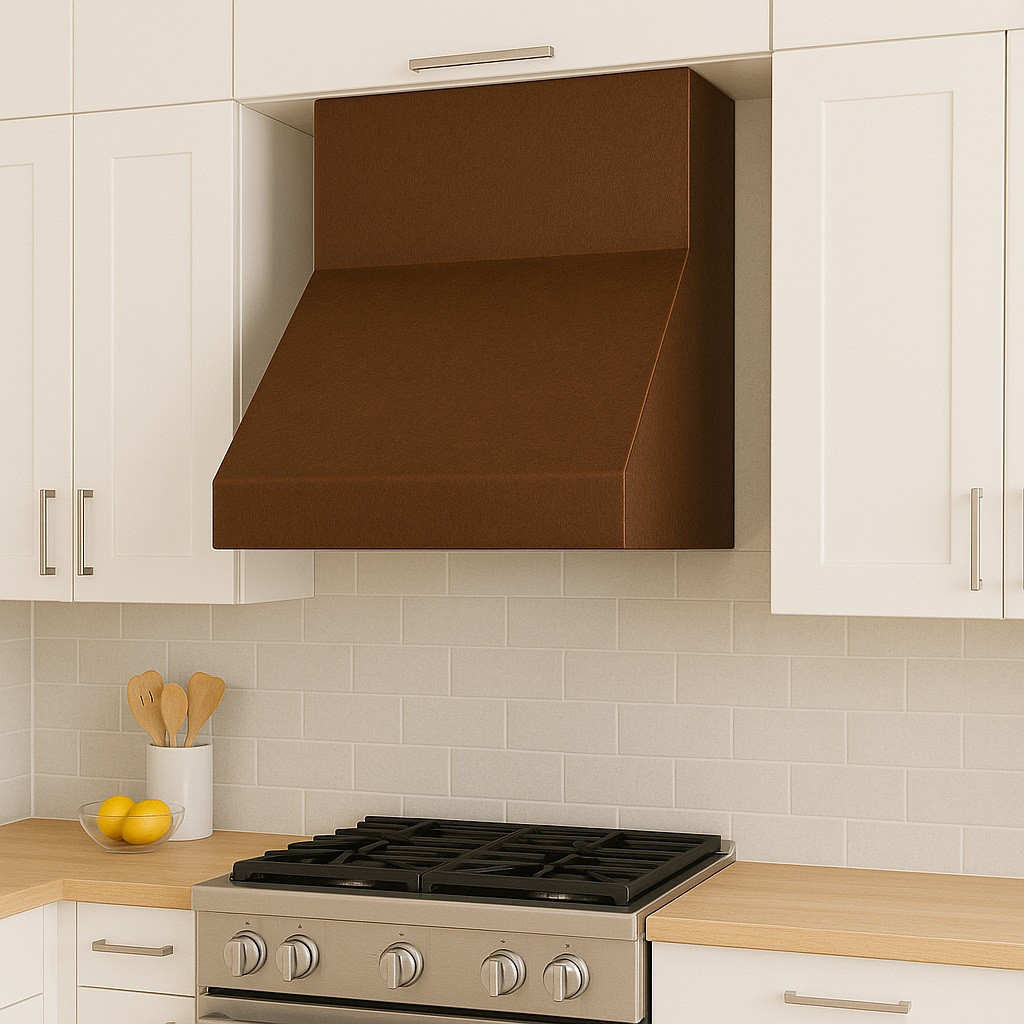 Simple under cabinet copper range hood in Scandinavian kitchen, compact hammered canopy with warm patina above light wood cabinetry and clean lines