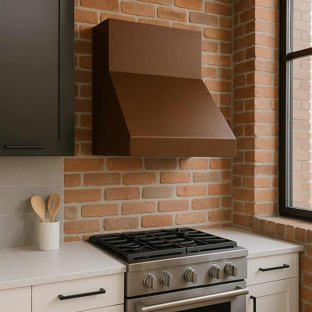 Compact copper vent hood in a Soho style kitchen with industrial shelving