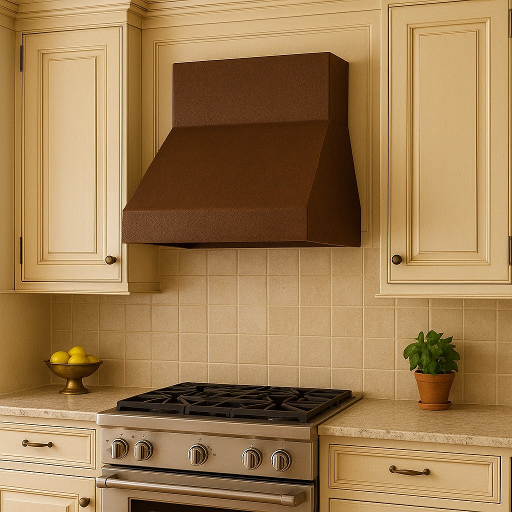 Simple under cabinet copper range hood in wall mount style kitchen, compact hammered canopy with warm patina above traditional cabinetry