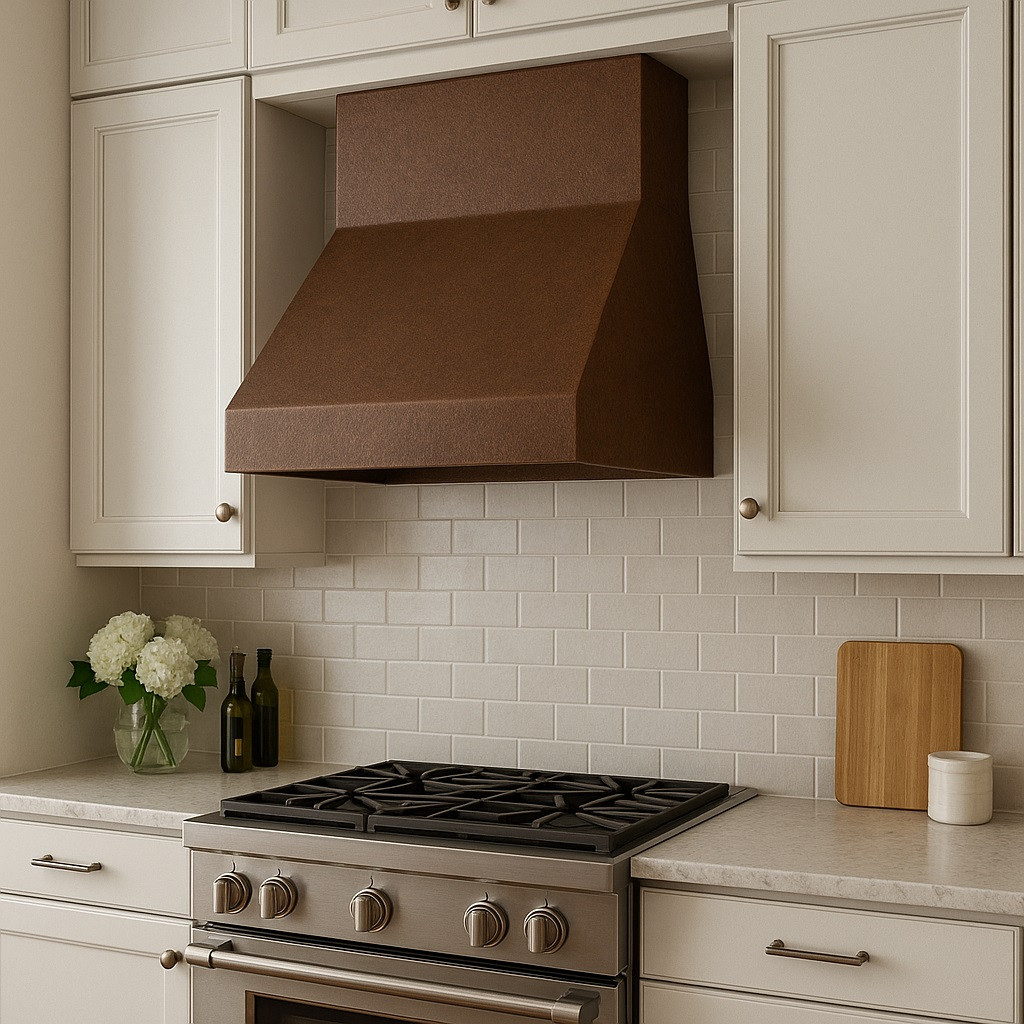Under-cabinet copper hood in a transitional kitchen with light cabinetry