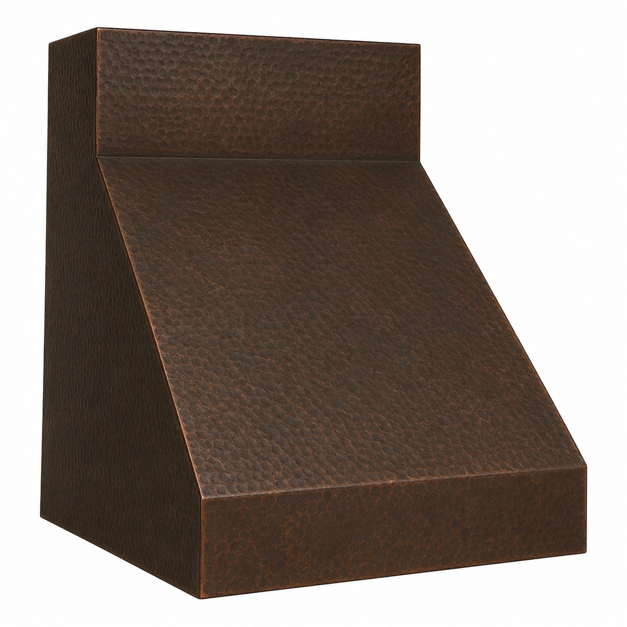 Simple under-cabinet copper range hood with sloped body, boxed apron, and warm aged patina