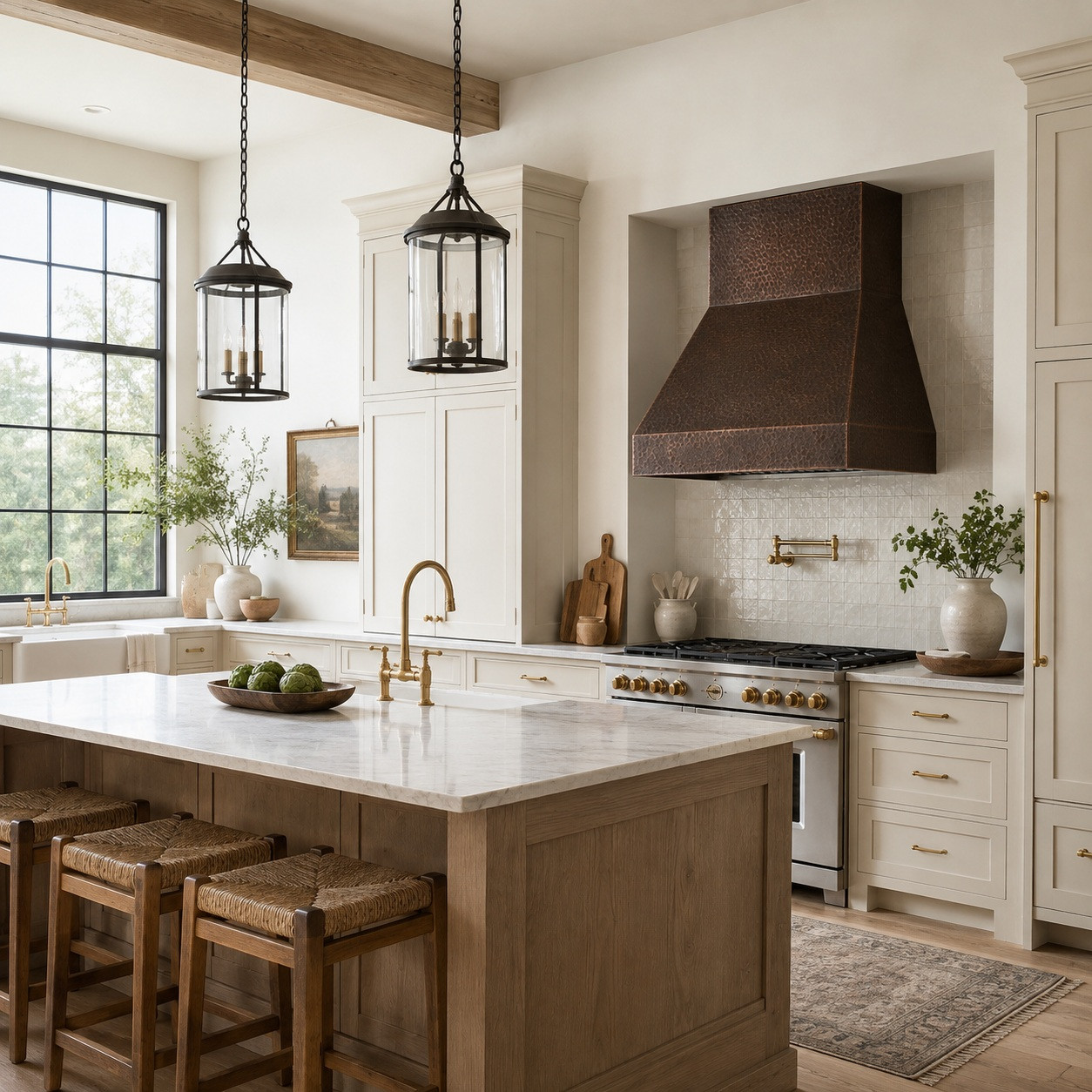 Modern farmhouse kitchen with simple under-cabinet copper range hood and dark aged patina