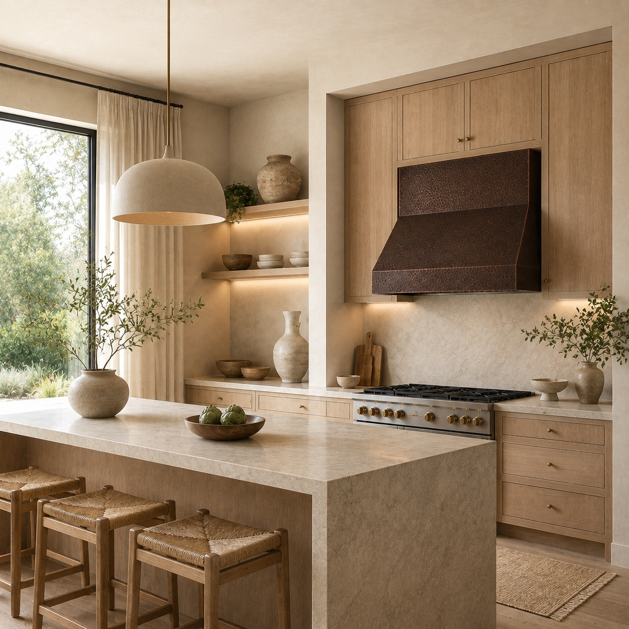 Organic modern kitchen with simple under-cabinet copper hood and natural stone finishes