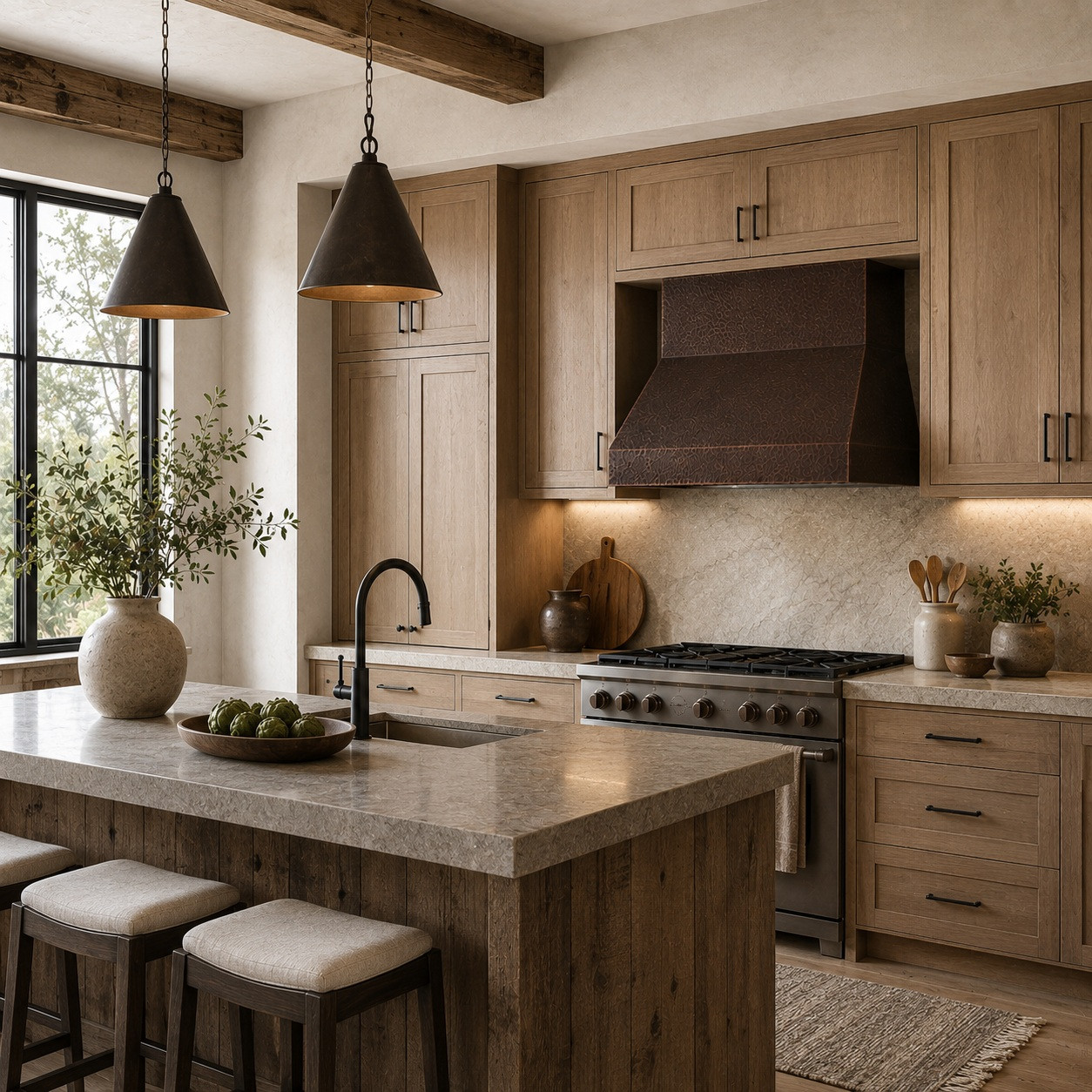 Contemporary rustic kitchen with simple under-cabinet copper range hood and boxed apron