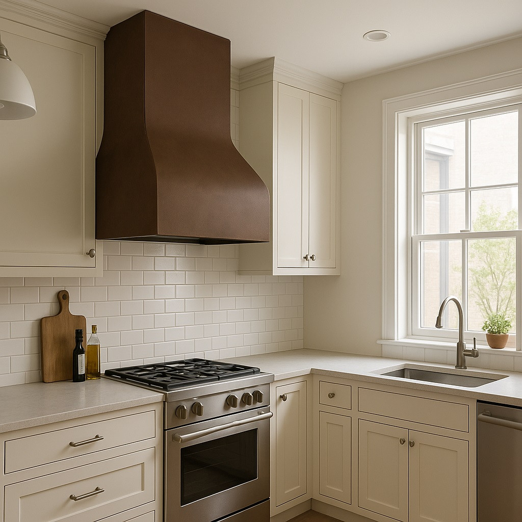 Smooth box copper range hood in modern kitchen with flat-panel cabinets, slab backsplash, and minimal hardware