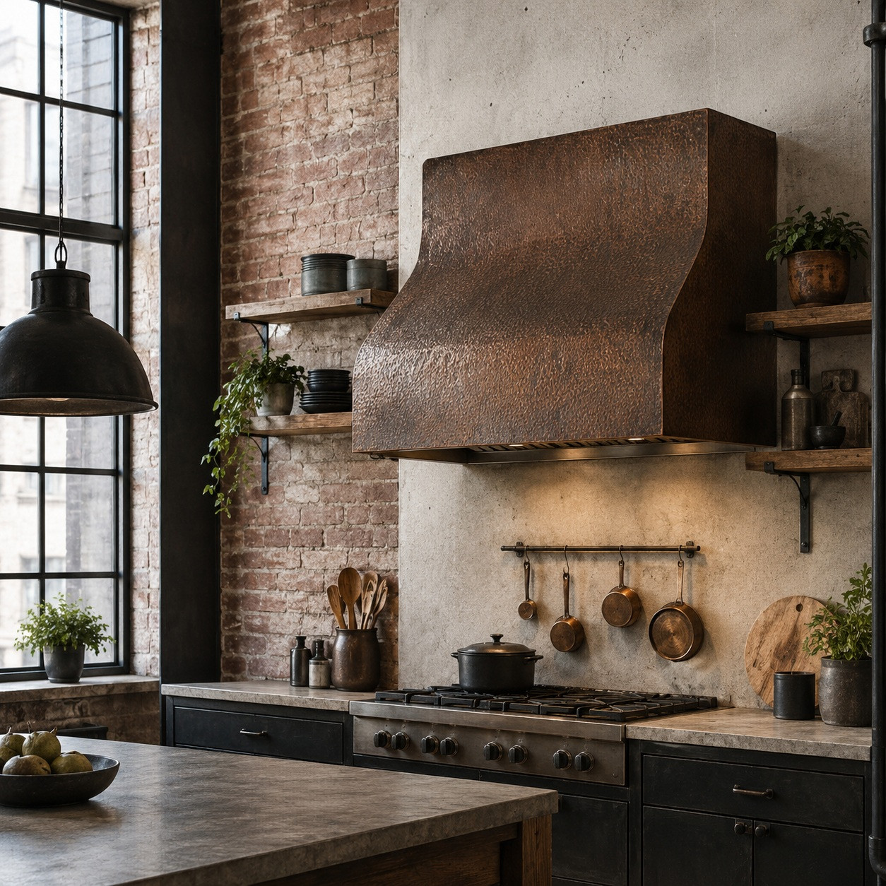 Hammered box copper range hood in industrial loft kitchen with exposed brick, black cabinetry, and steel shelving