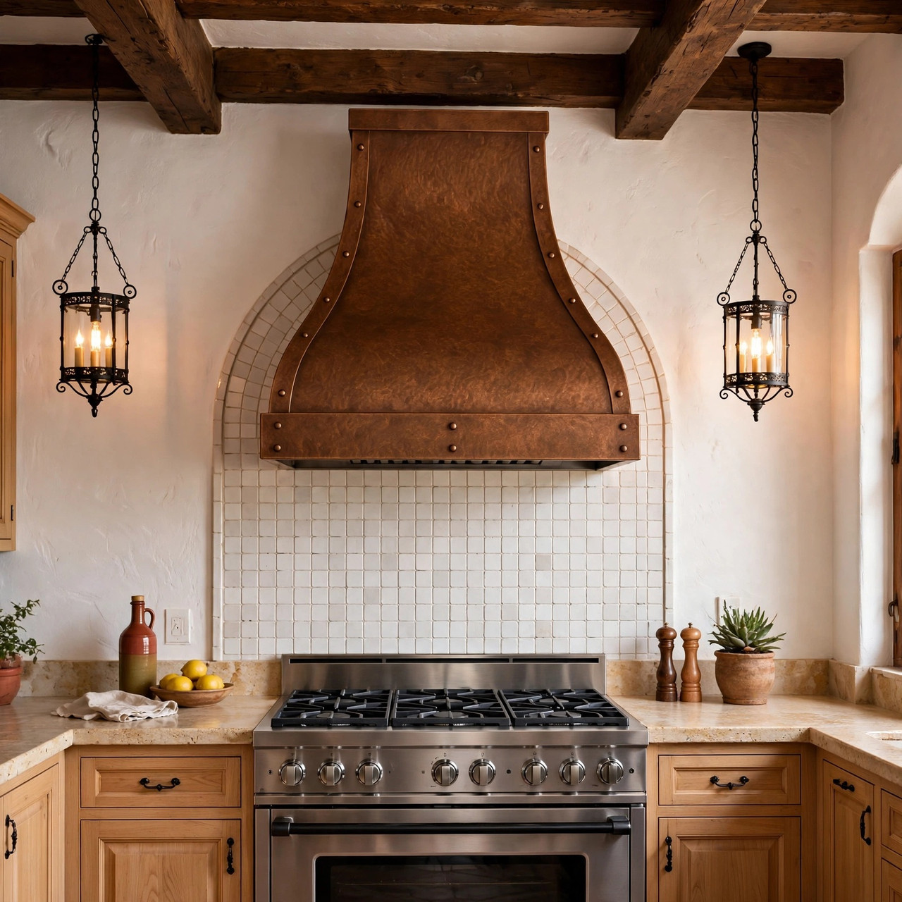 Transitional Hacienda kitchen with concave bell copper range hood and riveted side straps