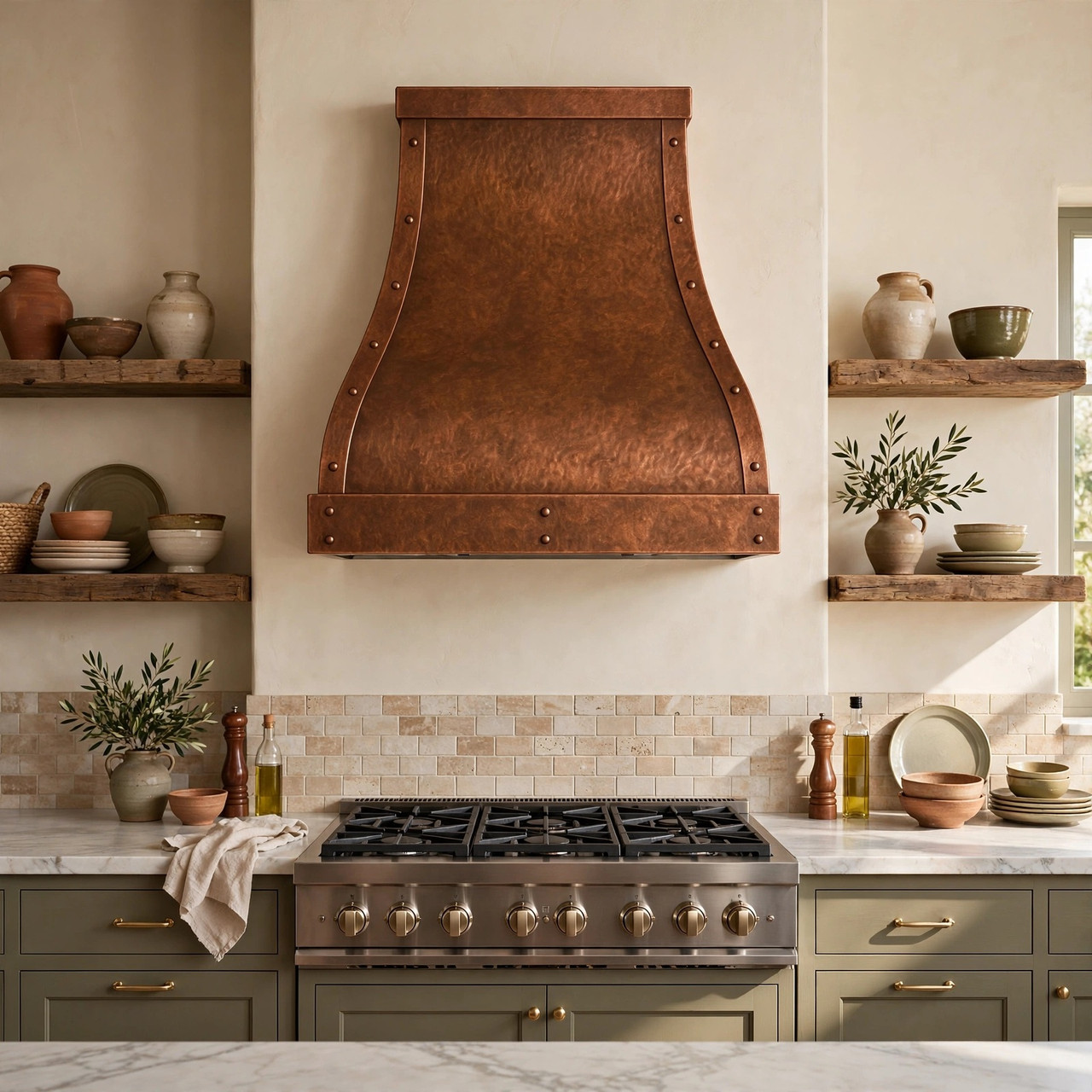 Contemporary Tuscan kitchen with concave bell copper range hood, domed face, and warm patina