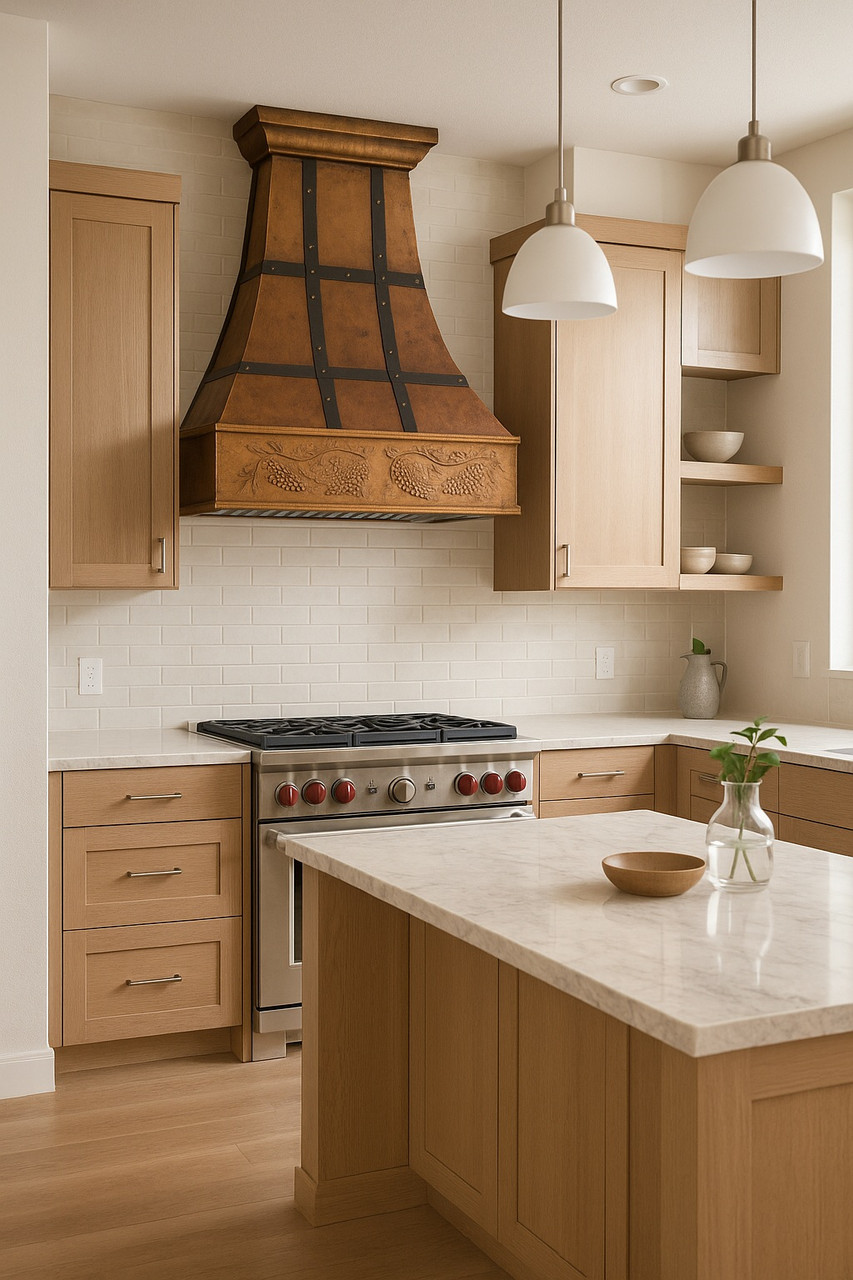 Copper range hood with dark straps in transitional kitchen, riveted bands and warm copper patina above range with light cabinetry