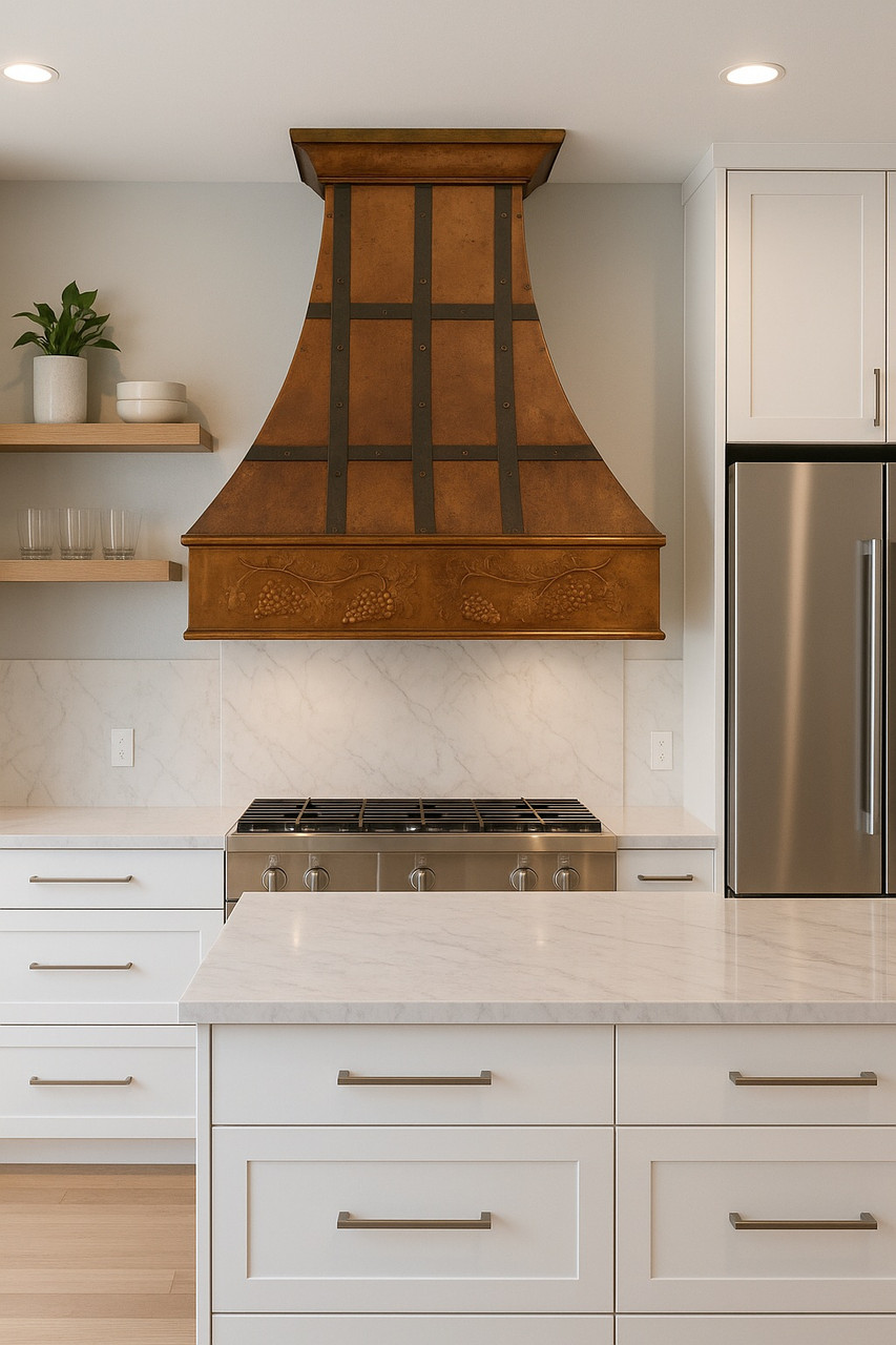 Copper range hood with dark straps in modern kitchen, dark riveted bands contrasting smooth copper above range with clean cabinetry