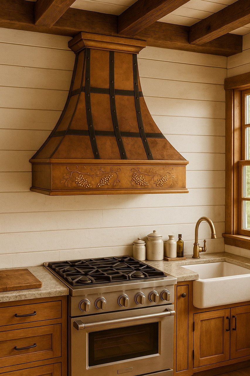 Farmhouse kitchen with Columbia hood and apron sink